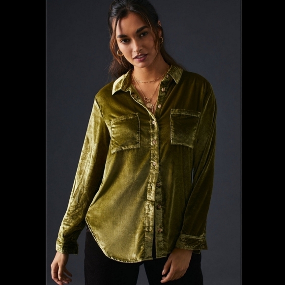 Pilcro Anthropologie Crushed Velvet Button Down Relaxed Petite - Picture 2 of 5